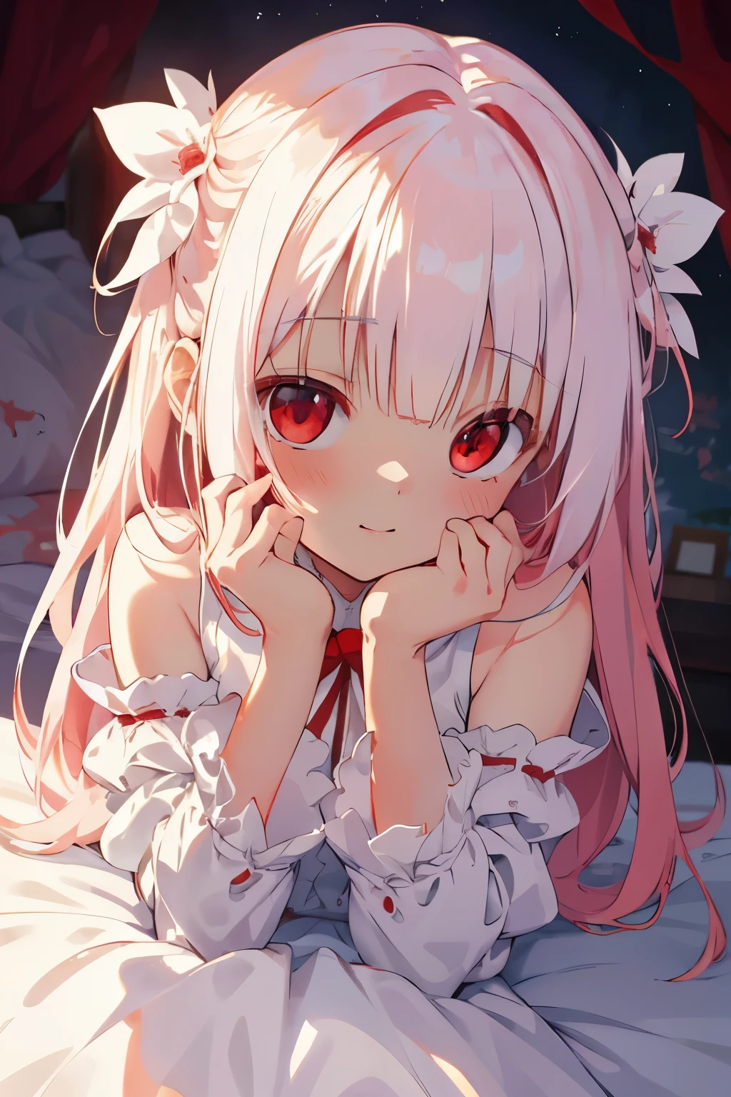 beautiful illustration, best quality, cute it girl, (transform sequence), transform magical girl, chibi, white magical girl, fractal art, albino, babyface, long pure white and red mesh hair, beautiful detailed red eyes, cinematic lighting, cowboy shot, looking at , from bottom, happy, sleeping on bed,closing eye ,Both arms are flat on the bed.
