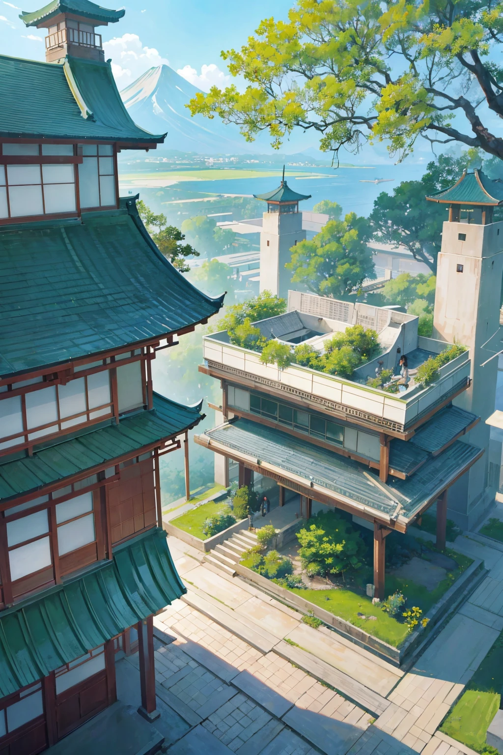 Large Japanese building with green space throughout..,Modern, look at the future, Sci fi,It came out beautifully...,master-piece,View from above,You can see the entire area of the castle...,The castle is located near the city...,Desert City,Sarai Sea, big deer