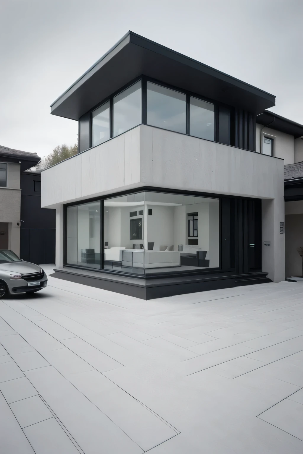 Realistic and modern building facade, very square only in the front, Featurelat structure clearly visible from the front of the building and nothing else)),No distortion is made to the image.