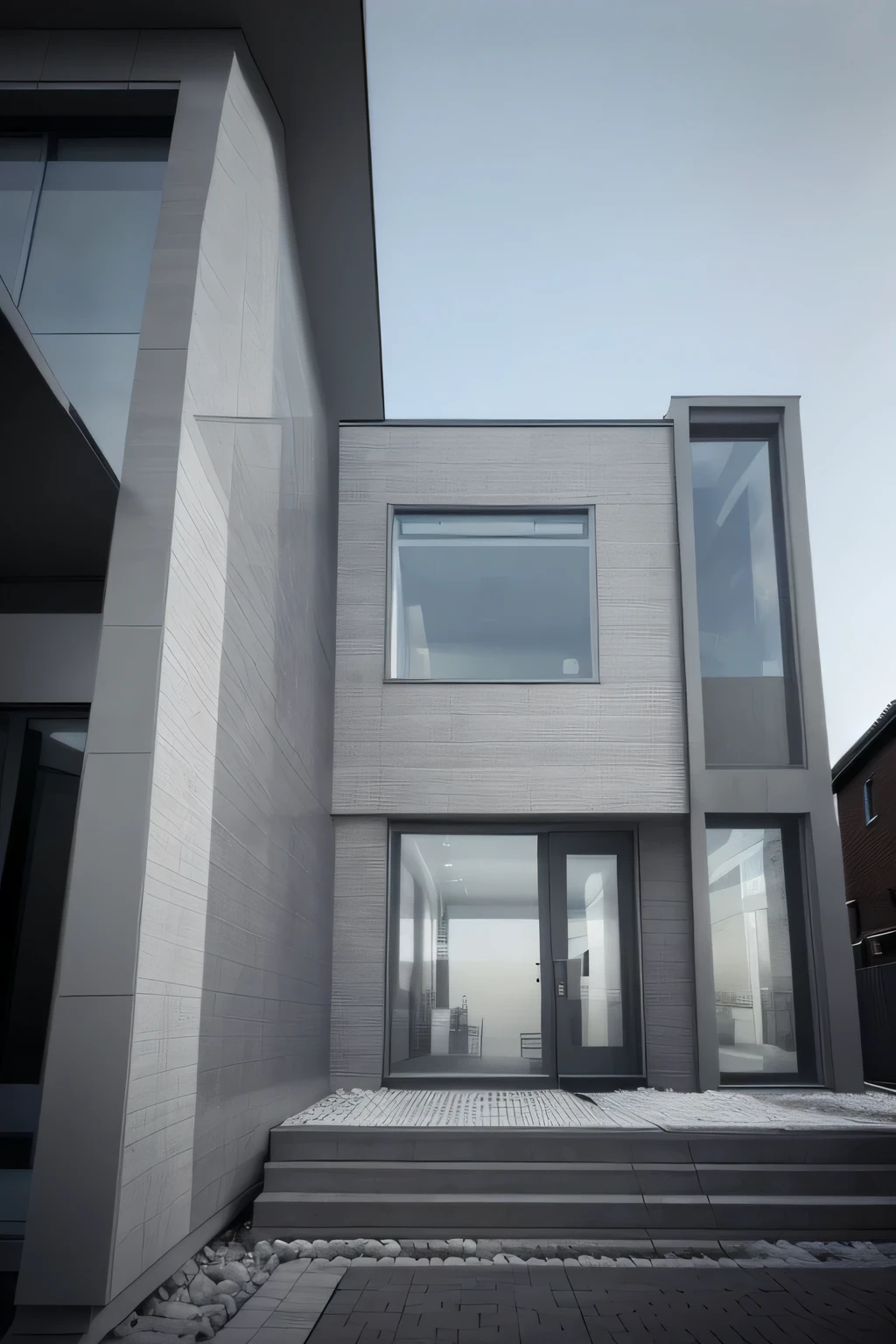 Realistic and modern building facade, very square only in the front, Featurelat structure clearly visible from the front of the building and nothing else)),No distortion is made to the image.