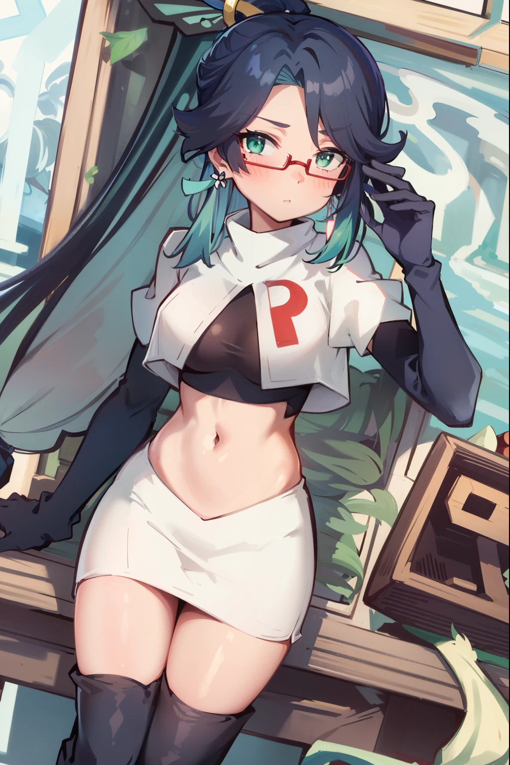 2d, masterpiece, best quality, anime, highly detailed face, perfect lighting, long hair, ponytail, multicolored hair, black hair, bangs, glasses, semi-rimless eyewear, earrings, green hair, hair ornament, jewelry, red-framed eyewear, green eyes, team rocket,team rocket uniform,white skirt,red letter R,crop top,black thigh-high boots,black elbow gloves, embarrassed, blush