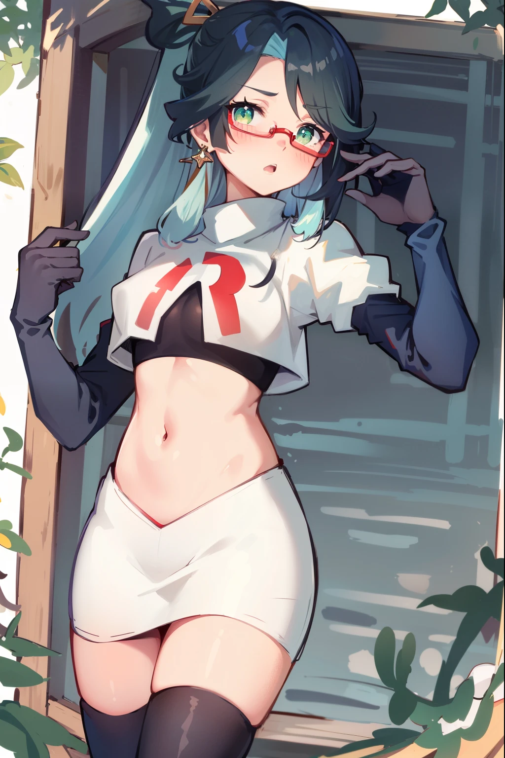 2d, masterpiece, best quality, anime, highly detailed face, perfect lighting, long hair, ponytail, multicolored hair, black hair, bangs, glasses, semi-rimless eyewear, earrings, green hair, hair ornament, jewelry, red-framed eyewear, green eyes, team rocket,team rocket uniform,white skirt,red letter R,crop top,black thigh-high boots,black elbow gloves, embarrassed, blush