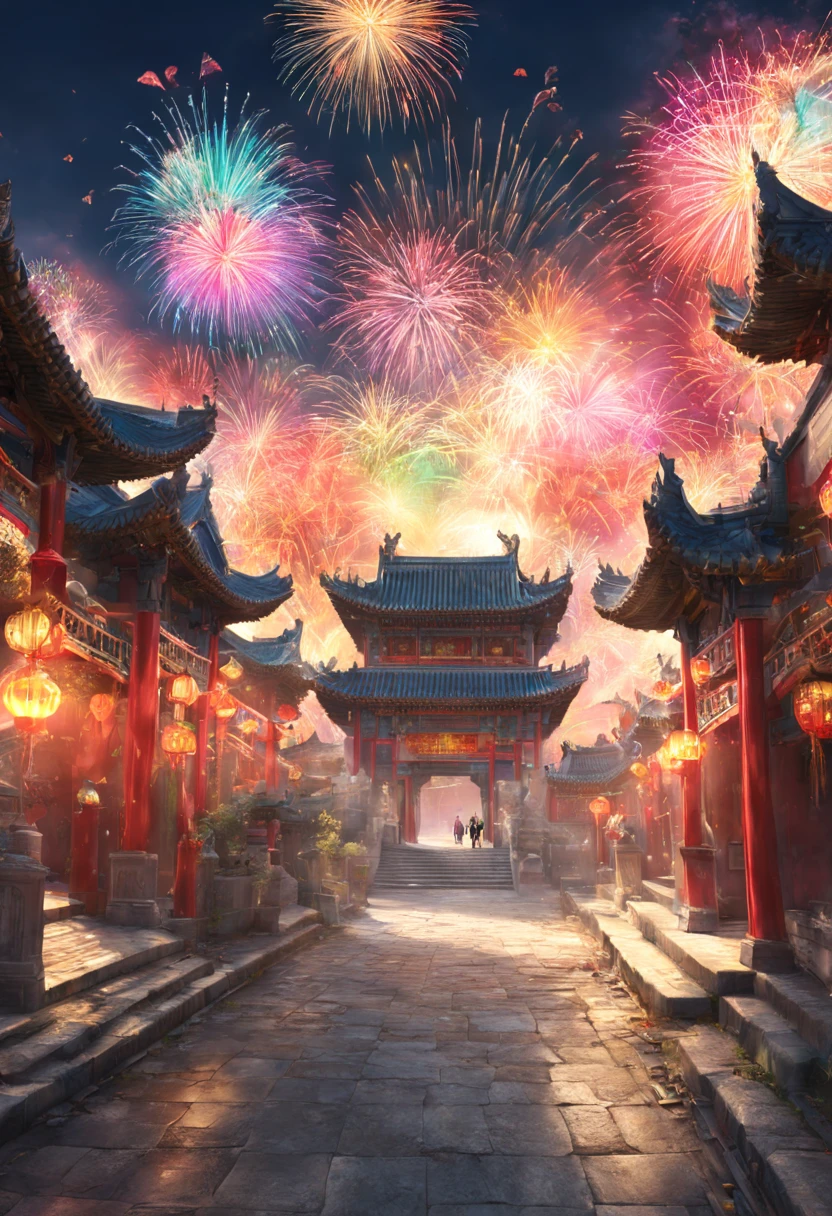 Colorful heart glowing effect complex light splash on ancient Chinese city ，depth of fields，Emphasis on HD details，ultra - detailed，Intricate clear spots of light at night，Colorful fireworks in the sky， 

        ，Real light，wide wide shot, Ultra-wide angle crisp ray traced rendering，hyper realisitc，Best quality at best，8K，An artwork of，ultradetailed，detailed