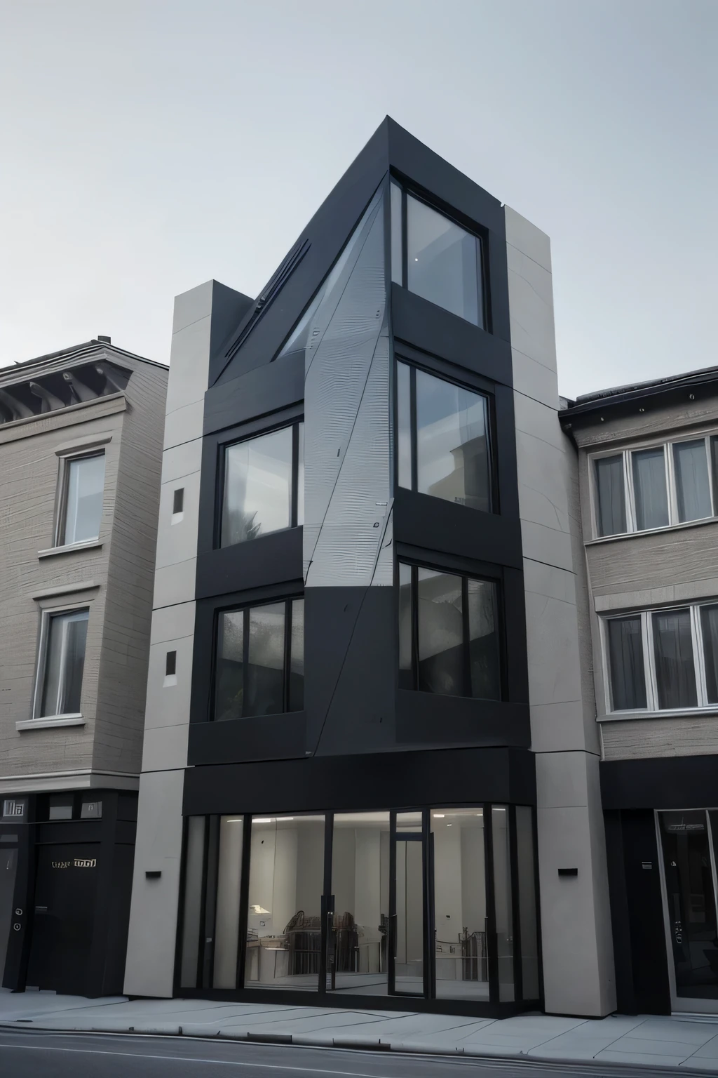 Realistic and modern building facade, very square only in the front, Featurelat structure clearly visible from the front of the building and nothing else)),No distortion is made to the image.