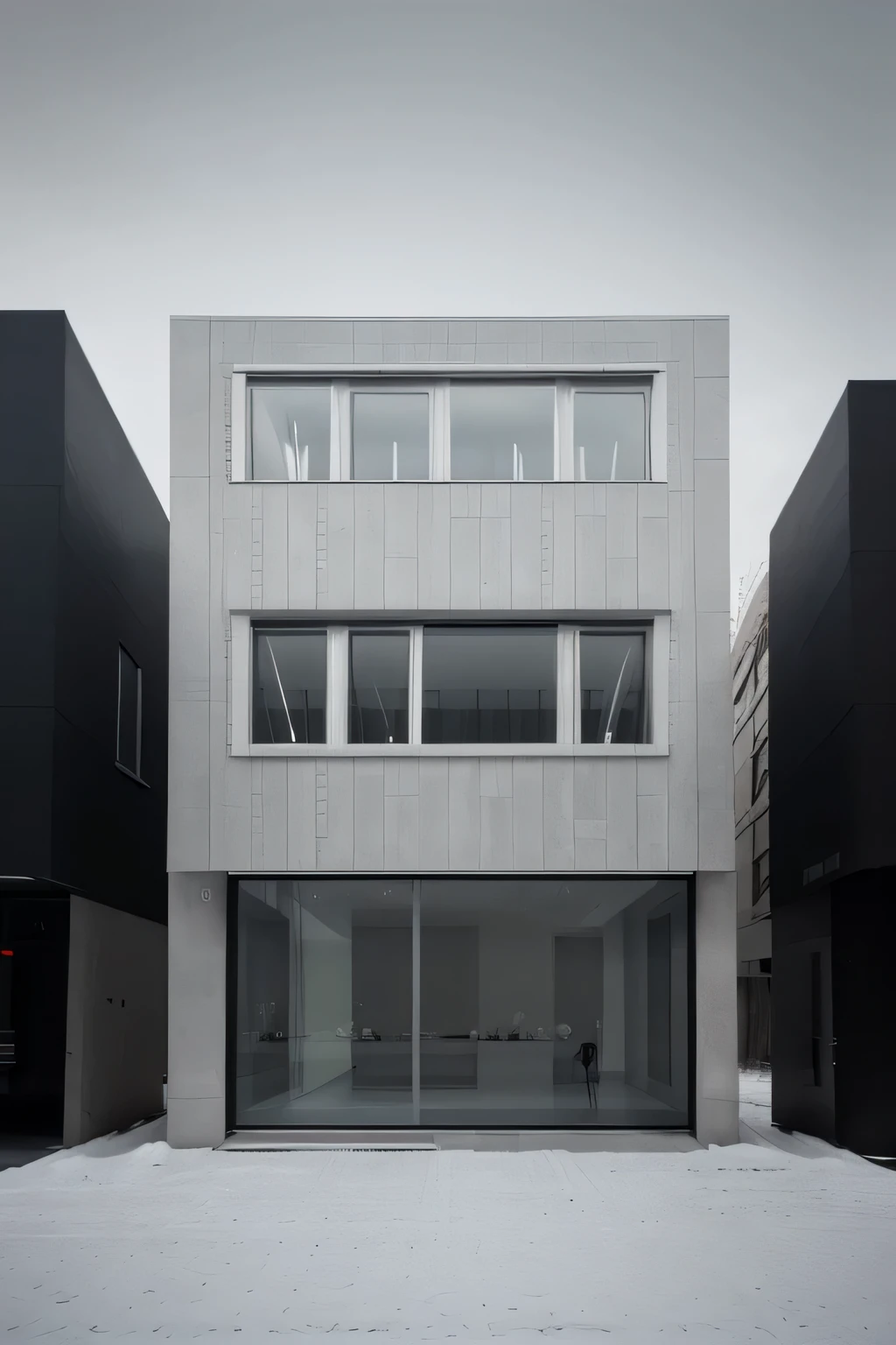 Realistic and modern building facade, very square only in the front, Featurelat structure clearly visible from the front of the building and nothing else)),No distortion is made to the image.
