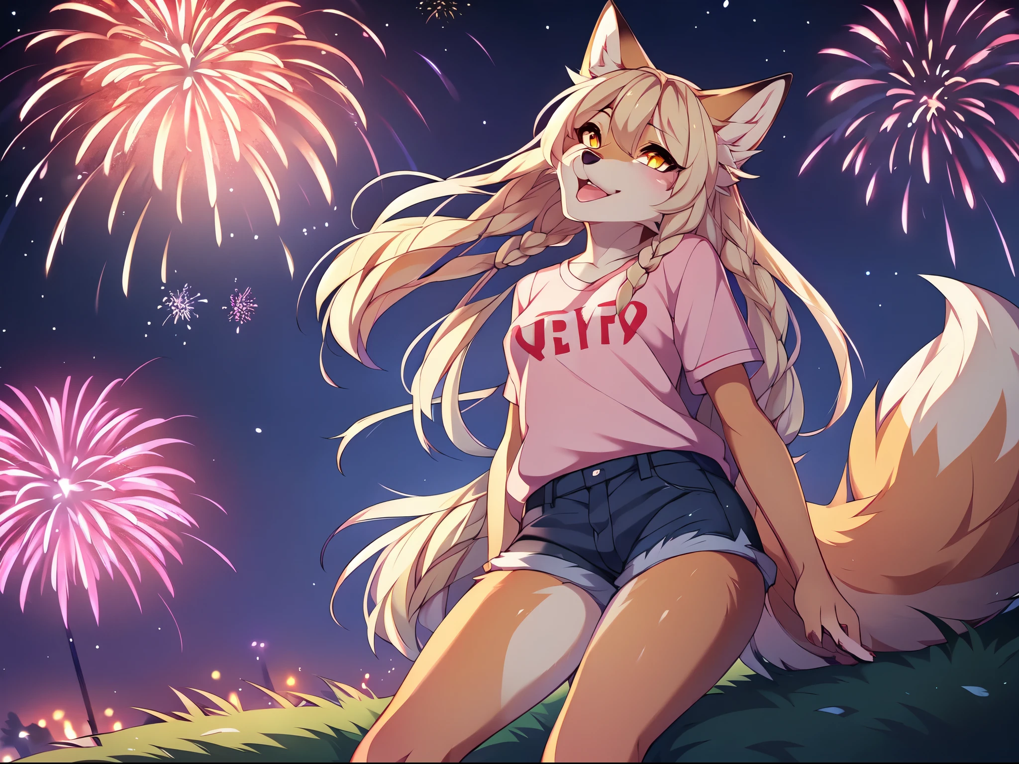 Solo, Kimiko, cute furry anthro tan fox girl, long blonde straight hair, yellow eyes, (looking up):1.2, mouth open, looking amazed, smiling, small iris, small pupil, wearing jean shorts, barefoot, pink t shirt, standing on a large open grassy hill, nighttime, intense fireworks in the sky, galaxy of fireworks in sky, she is looking at the fireworks, by fumiko, by hyattlen, by hioshiru, far away shot, three quarters angle, cell shading, panned out view