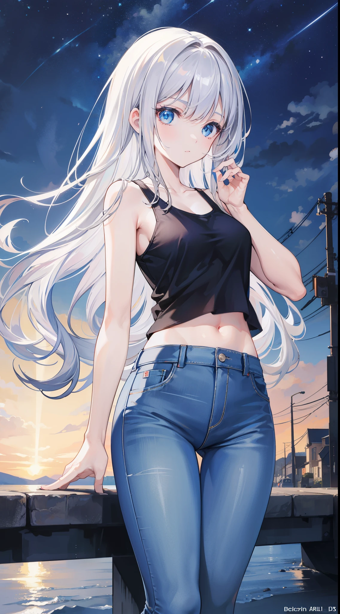 best qualtiy,tmasterpiece,超高分辨率,(realisticlying:1.4),Light blue denim tunic,denim short,athletic sneakers,delicate leg,detail in face,Delicate face,whitet-shirt,Long gray hair,ssmile