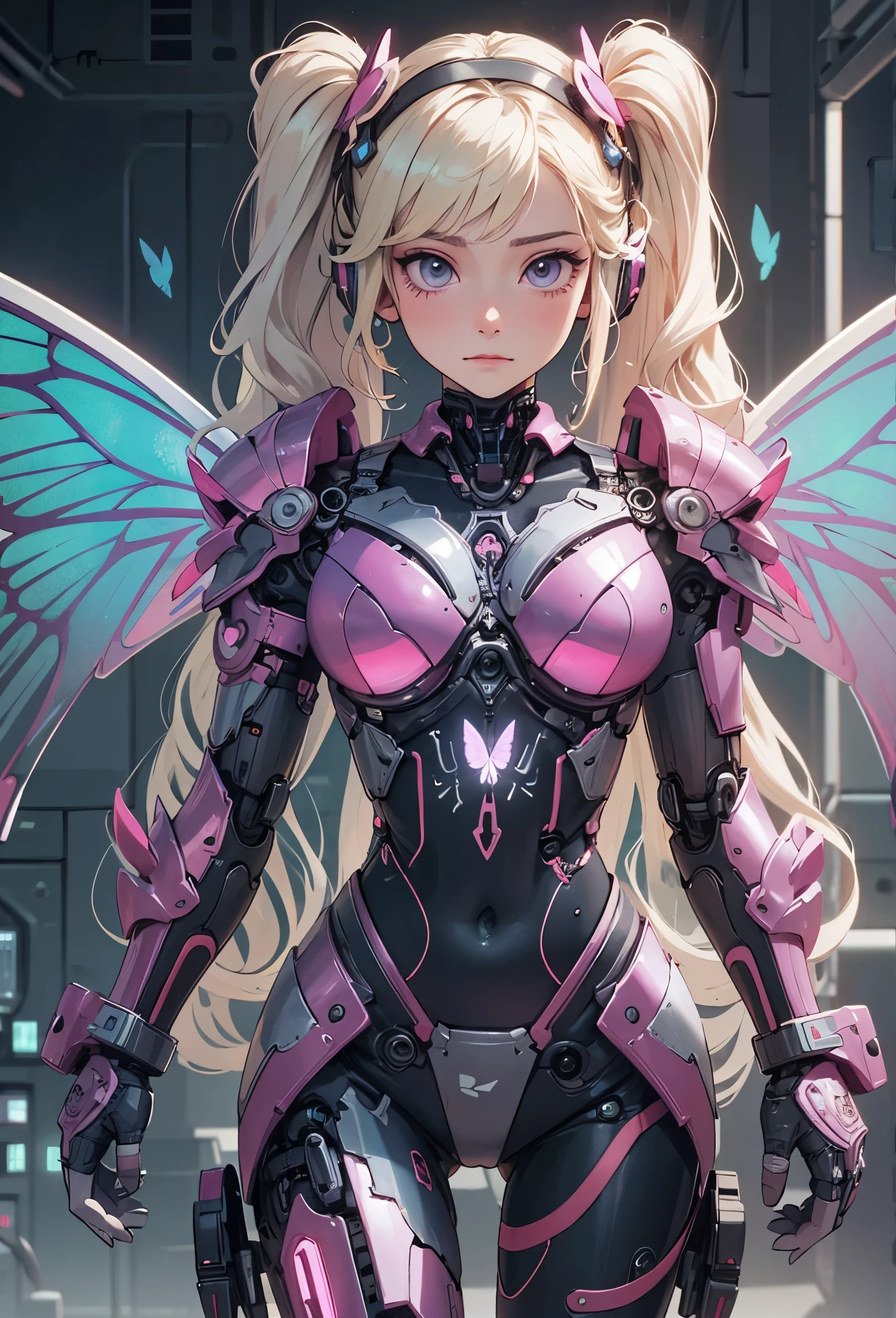 (Detailed illustrations,Very detailed and detailed drawing,Delicate lines with slow and rapid,Realistic texture expression),[Color tressed main line],[labo],[[HENTAI]] ANIME (CYBERGirl anime Beauty 13 years old Cyborg [Wavy Hair (platinum-blonde)]),([Butterfly wings] Magenta-pink Papillon cybernean armor [Aurora Armor] Fuselage only transparent material) Cyber Headset,(cybernetic),(Intricate and beautiful decoration [Dense detail]),(Fine and beautiful skin expression [Transparency]),[完璧な目のdetaileds (Iris beautifully drawn in every detail)[Jewel-like eyes]],[long and beautiful eyelashes],[Meticulously drawn hair [美しく艷やかな髪のdetaileds]],(完璧な手のdetaileds [Beautiful fingers without breakdowns [Beautiful nails]]),(Perfect Anatomy(Perfectly proportioned))[[Full body like]],[[Design built to the highest level]][Ideal color coordination(Accurate simulation of light-material interactions)],([Precision Detail](detaileds,high-detail)),[Visual art that conveys a sense of narrative].