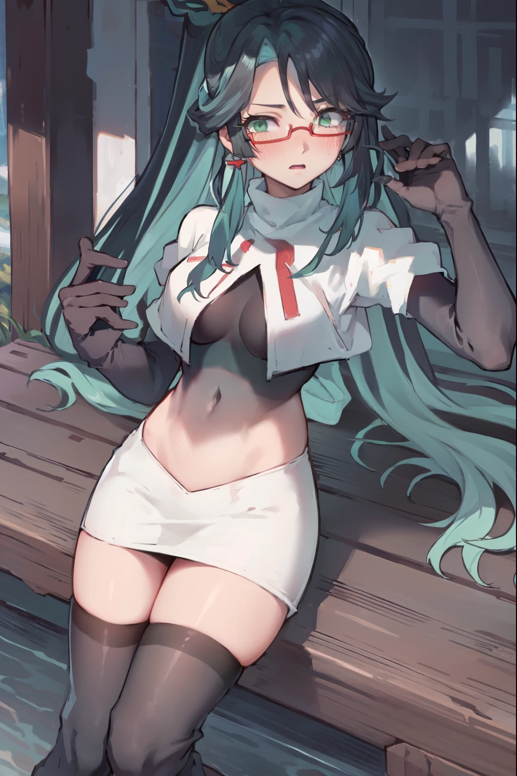 2d, masterpiece, best quality, anime, highly detailed face, perfect lighting, long hair, ponytail, multicolored hair, black hair, bangs, glasses, semi-rimless eyewear, earrings, green hair, hair ornament, jewelry, red-framed eyewear, green eyes, team rocket,team rocket uniform,white skirt,red letter R,crop top,black thigh-high boots,black elbow gloves, embarrassed, blush