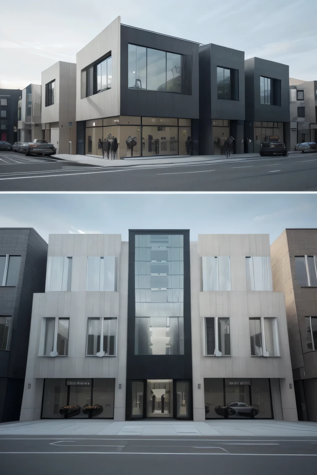 Realistic and modern building facade, very square only in the front, Featurelat structure clearly visible from the front of the building and nothing else)),No distortion is made to the image.