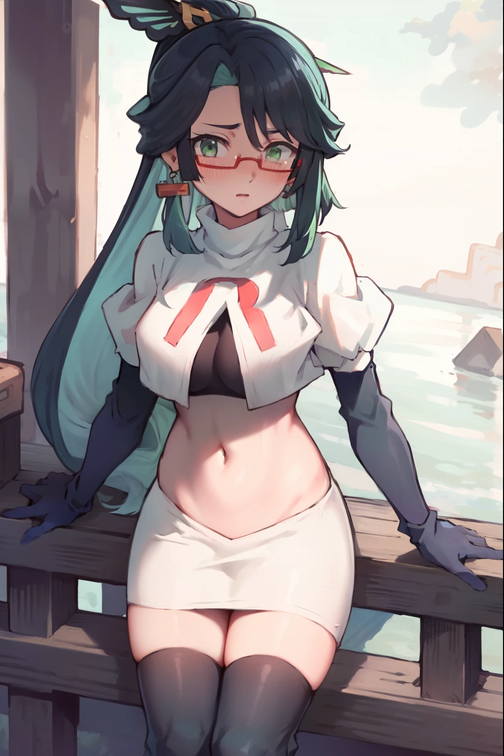 2d, masterpiece, best quality, anime, highly detailed face, perfect lighting, long hair, ponytail, multicolored hair, black hair, bangs, glasses, semi-rimless eyewear, earrings, green hair, hair ornament, jewelry, red-framed eyewear, green eyes, team rocket,team rocket uniform,white skirt,red letter R,crop top,black thigh-high boots,black elbow gloves, embarrassed, blush