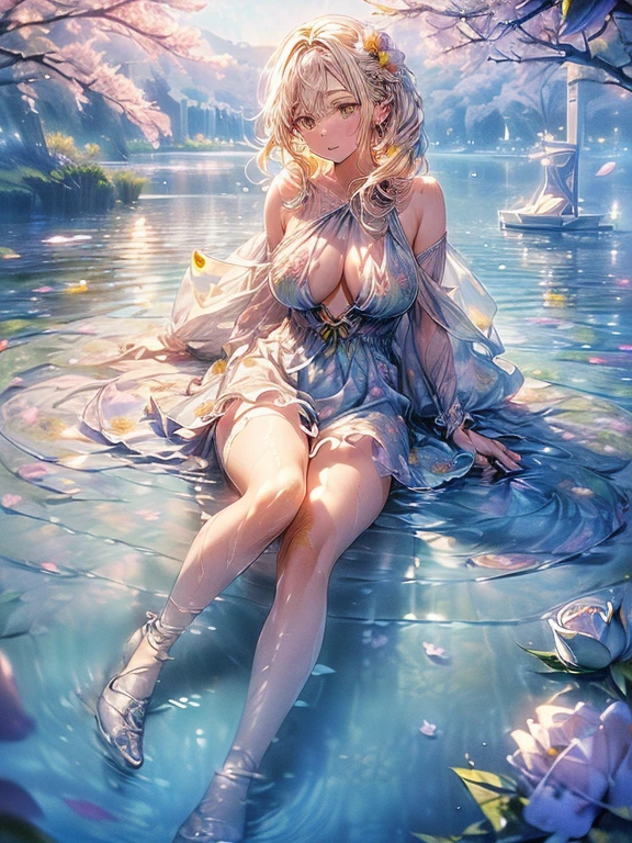 ((Finest quality)),(超A high resolution),(Ultra-detailed細),(Meticulous portrayal),((the most picturesque works of art),Ultra-Precision Art,The art of astounding depiction,Fantasyart:1.5, ((((Beautiful flowers々:1.5))), ((Body eroded by flowers:1.3)),(Glamorous body:1.3),fancy background effects、masterpiece、Fancy details、(NSFW 1.1), ((1girl in)), ((masutepiece)), ((Highly detailed:1.3)), In crystal clear water,beautiful woman entering the lake, ((long yellow hair)), Wet hair, Wearing a light transparent dress, clothed bathing, steam, (many petals floating on the lake:1.8), Early morning light, Ivory Gold AI, windows, Crepscular lighting, 、Lace sheer underwear、very very gigantic boobs、Transparent pink nipples、Transparent pink areola、lace and string shorts.、princess carry,Sexy lingerie with lace and strings,See-through sexy lingerie,Transparent lingerie、translucent dress、pearlsescent、pearls、Sexy Harness、Sexy garter belt、Sexy Stockings、Well equipped,intimate, rose garden、Multicolored roses、lake with floating roses、Lying down、Open legs、Spread your legs、Open thighs、Immersion in water、Wet body、splash water、gorgeous flower decoration、big flowers、stylish hair、Moon, lantern, Night, Solo, playing in the water, Water, hair flower, flower, Outdoors, skyporn, full Moon, Rain, lantern, wet clothes, skyporn, wet hair (((masutepiece),(the Extremely Detailed CG Unity 8K Wallpapers),Best Quality,Cinematic lighting,Detailed background,Beautiful detailed eyes,Bright pupils, (extremely delicate and beautiful),(Beautiful and detailed eyes description), Ultra-detailed,masutepiece,)),((Yellow eyes))、