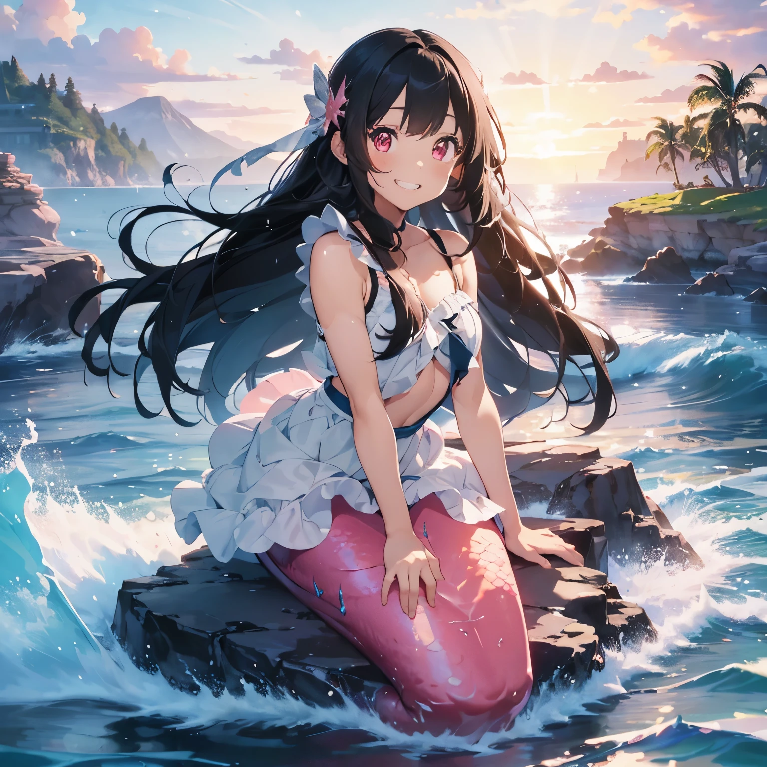 (pink-eyed,brown-eyed:0.9) teenage boy magically transformed into a (cute,dainty:dainty:1.1) female mermaid, (gender bending,fantasy transformation) [happy:1.1] (checking:1.1) his new (beautiful:detailed) body, [long black hair with pink dye], [pink tail scales], swimming in crystal-clear ocean, surrounded by (colorful:tropical) fish and (vibrant,swirling) coral reef, (magical glow:1.1), (sunlight:1.1) shining through the water, (sparkling:1.1) droplets cascading from splashing waves, (soft,breezy) sea breeze, (smooth,silky) skin, (ethereal,shimmering) scales (glimmering,reflecting) the sunlight, (playful,curious) expression, (wide grin:1.1) revealing (pearly white teeth,precious dimples), (expressive,pink eyes:1.1) filled with wonder and excitement, (serene,peaceful) underwater dreamscape, (captivating,enchanting) colors blending harmoniously, (best quality,highres:1.2) depiction, (dreamlike:euphoric) atmosphere, (fantastical,whimsical) composition.