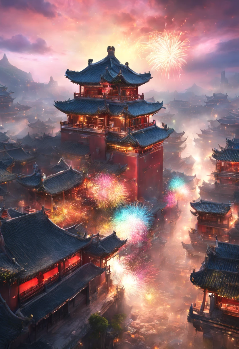 Colorful heart glowing effect complex light splash on ancient Chinese city ，depth of fields，Emphasis on HD details，ultra - detailed，Intricate clear spots of light at night，Colorful fireworks in the sky， 

        ，Real light，wide wide shot, Ultra-wide angle crisp ray traced rendering，hyper realisitc，Best quality，8K，a work of art，ultradetailed，detailed