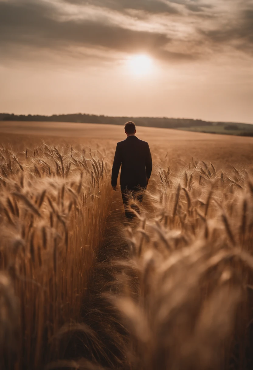 a lifestyle shot of a person walking through a wheat field, surrounded by the tall stalks, capturing the sense of being immersed in the beauty of nature