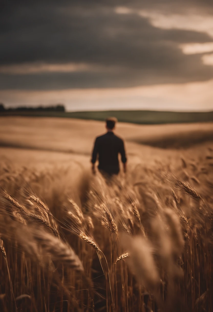 a lifestyle shot of a person walking through a wheat field, surrounded by the tall stalks, capturing the sense of being immersed in the beauty of nature