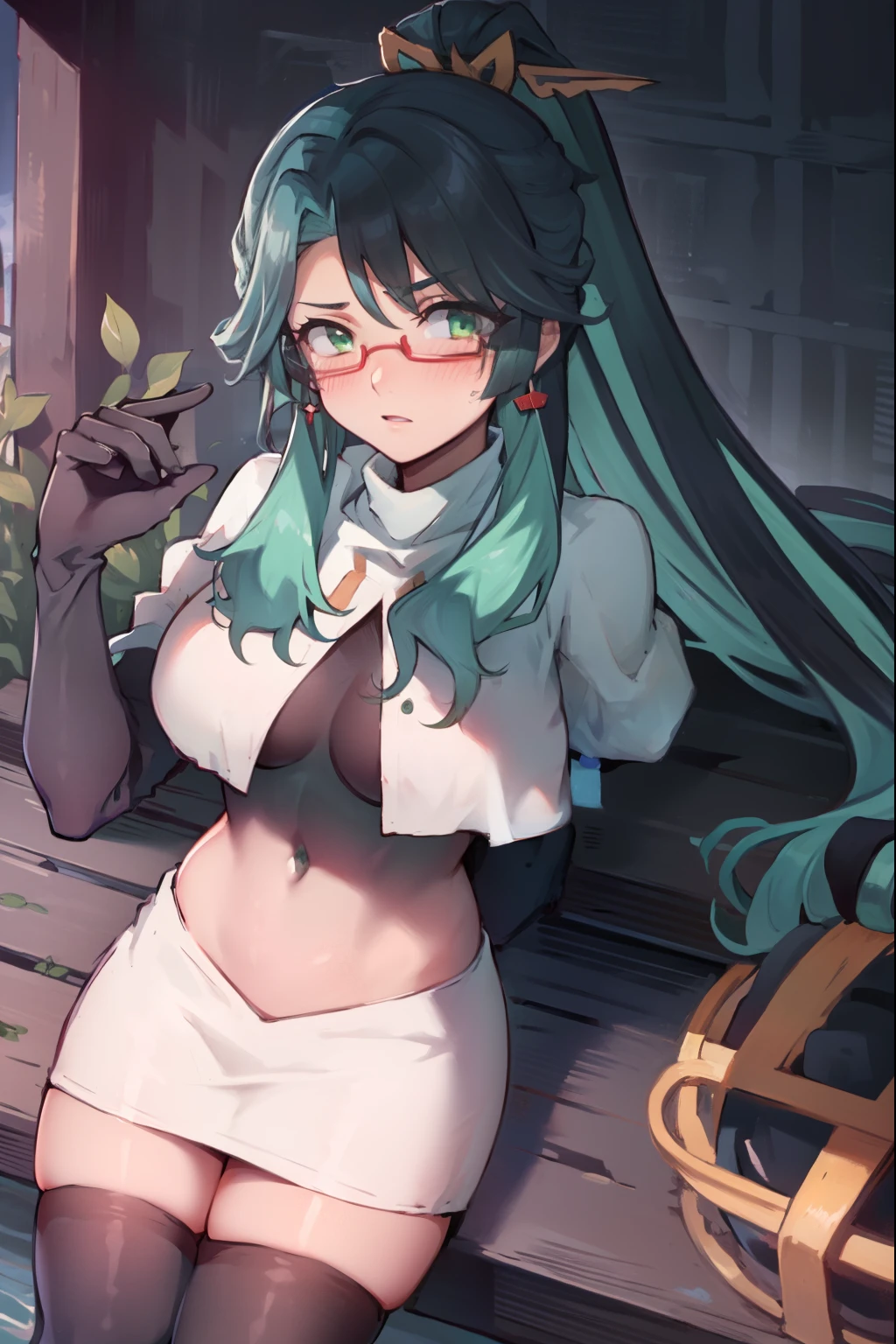 2d, masterpiece, best quality, anime, highly detailed face, perfect lighting, long hair, ponytail, multicolored hair, black hair, bangs, glasses, semi-rimless eyewear, earrings, green hair, hair ornament, jewelry, red-framed eyewear, green eyes, team rocket,team rocket uniform,white skirt,red letter R,crop top,black thigh-high boots,black elbow gloves, embarrassed, blush