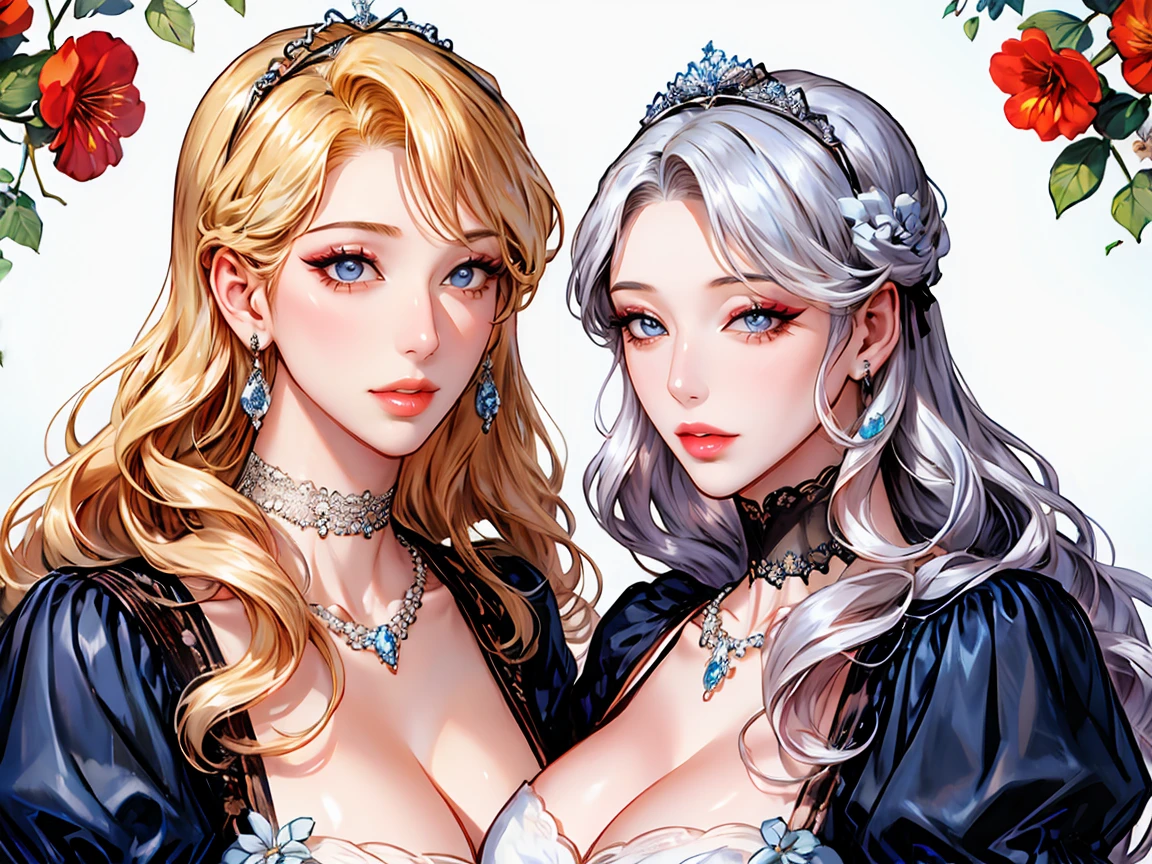 shoujo-style, (floral background), romance manhwa, (2girls:1.2), (aligned), silver hair, blonde hair, solo, long hair, flower, dress, (tiara), white dress, gloves, long sleeves, choker, mascara, makeup, white gloves, black bow, black flower, wavy hair, bow, jewelry, looking at viewer, white background, collarbone, (cleavage), puffy sleeves, silver accessories, necklace, upper body, parted bangs, very long hair, blue dress, frills, bangs, closed mouth, detailed eyes, (close up), gleaming skin, shiny glossy skin