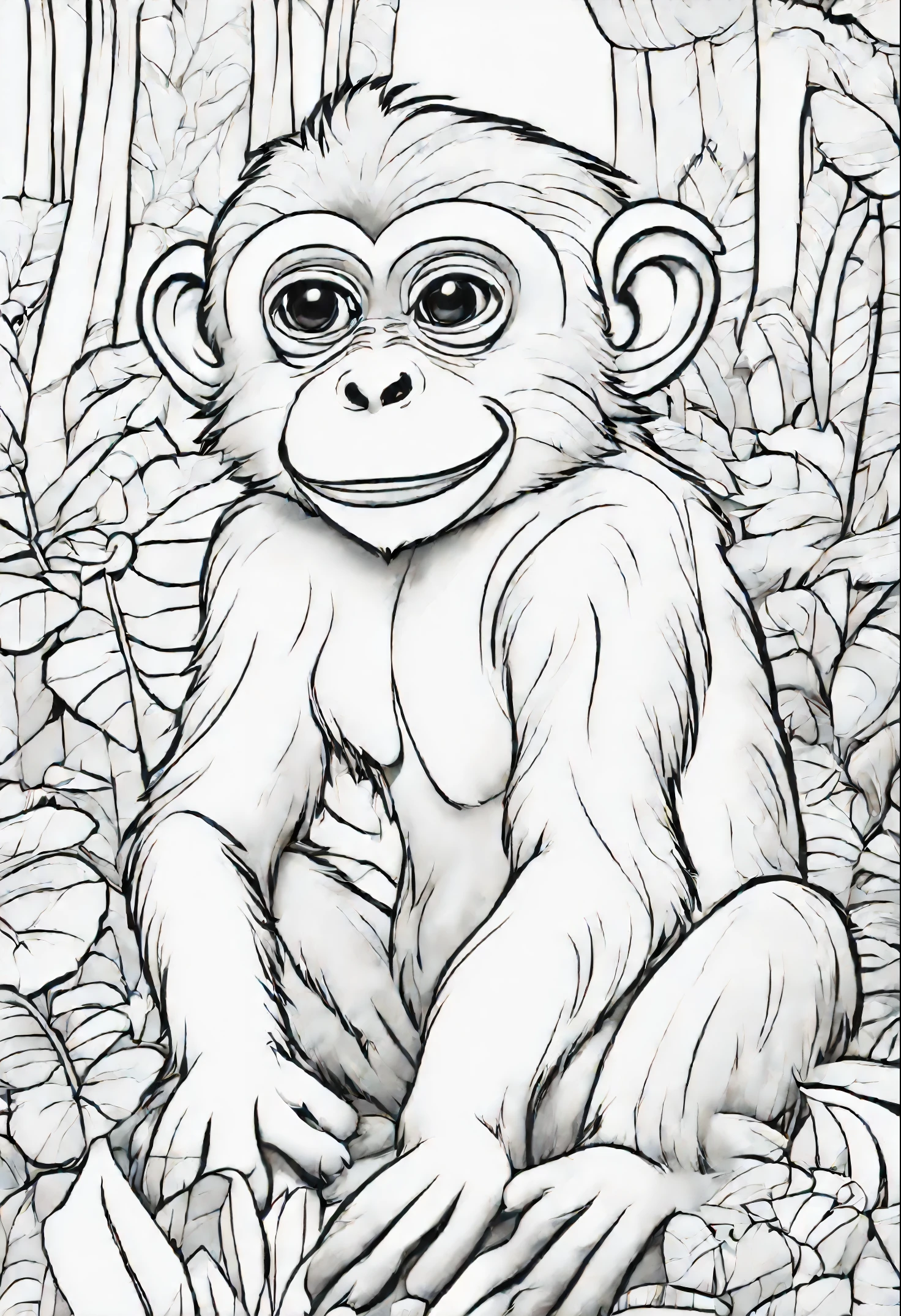 Coloring book of a monkey in the forest, cartoon style, lines thick, colorless, white background, just lines,