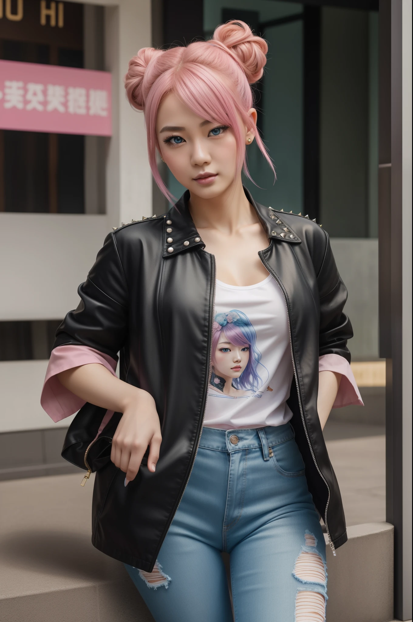 pink hair:2.0, realistic blue eyes:1.3, 70 kg. weight, High resolution 1.2, (8k, RAW Photo, Best quality, Masterpiece), (realistic, photo-realistic:1.2), Ultra detailed face, face likeSana Minatozaki Japanese girl in the road, realistic face, perfect body, 95 cm. chest size, Yukata Beauty, Glamorous, splendid, delicate, romantic, soft mouth, Beautiful detailed blue eyes, Symmetrical facial, fine pink hair, very pretty and athletic, sexy, short hair, completely closed black background , with a 
young and NICE appearance, happy, rounded face, realistic pink hair with two buns, perfect ears, perfect legs, realistic hands, very realistic image, closed mouth, pretty lips, Asian woman with hair Cheng Yi, realistic pink hair, inspired by Yanjun Cheng, painting flowing pink hair, Realistic skin tone, (8k, RAW Photo, Best quality, Masterpiece), (realistic, photo-realistic:1.2), Ultra detailed, (RAW Photo, Best Quality), (realistic, photo-realistic:1.3),Best Quality,Highly Detailed,Masterpiece,Ultra Detailed, 1girl,upper_body,Dynamic Angle,world Masterpiece theater, extremely detailed 8k CG wallpaper,ink,amazing,cinematic lighting,lenlare,Dunhuang_style, outfit punk, white t-shirt with rips, graphic prints of punk bands, long jeans with rips with a worn look, black jacket punk style with studs and some tacks, biker boots sakura kinomoto, different poses