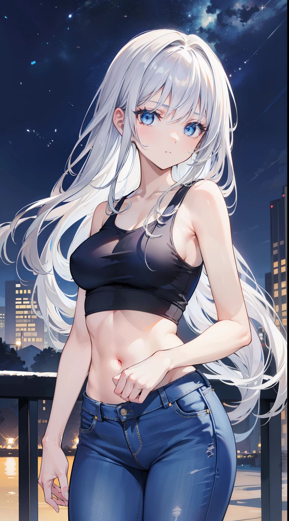 32k, best quality, ultra-detailed, high resolution, perfect anatomy, head on, beautiful town background, night, cute girl, blue eyes, ideal ratio body proportions, Tank top, jeans shorts, silver hair, long hair,