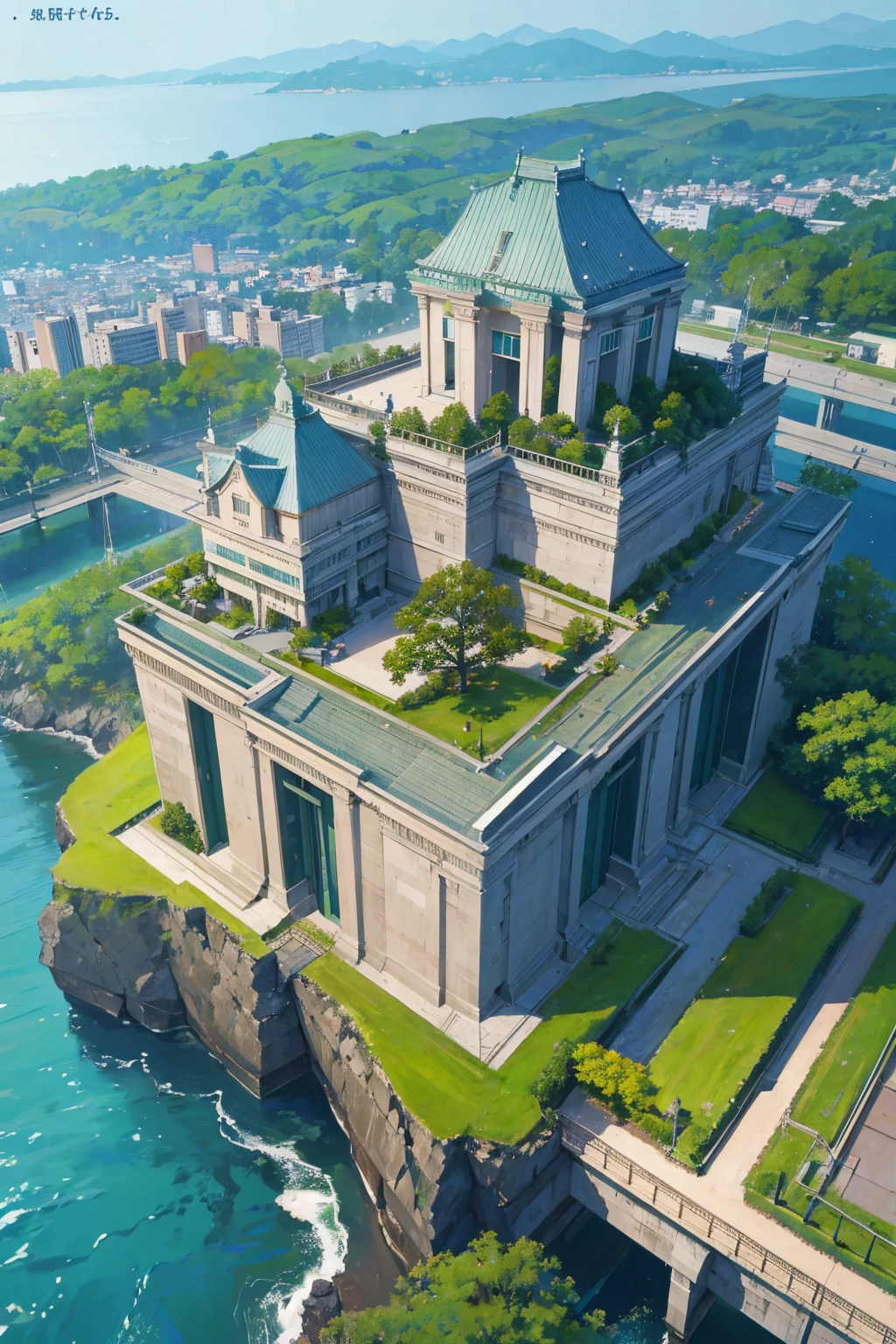Large Japanese building with green space throughout...,present, Looking to the future, sci-fi,It came out beautifully....,master-piece,View from above,You can see the entire area of the castle....,The castle is located near the city....,The sea, big deer,nighttime
