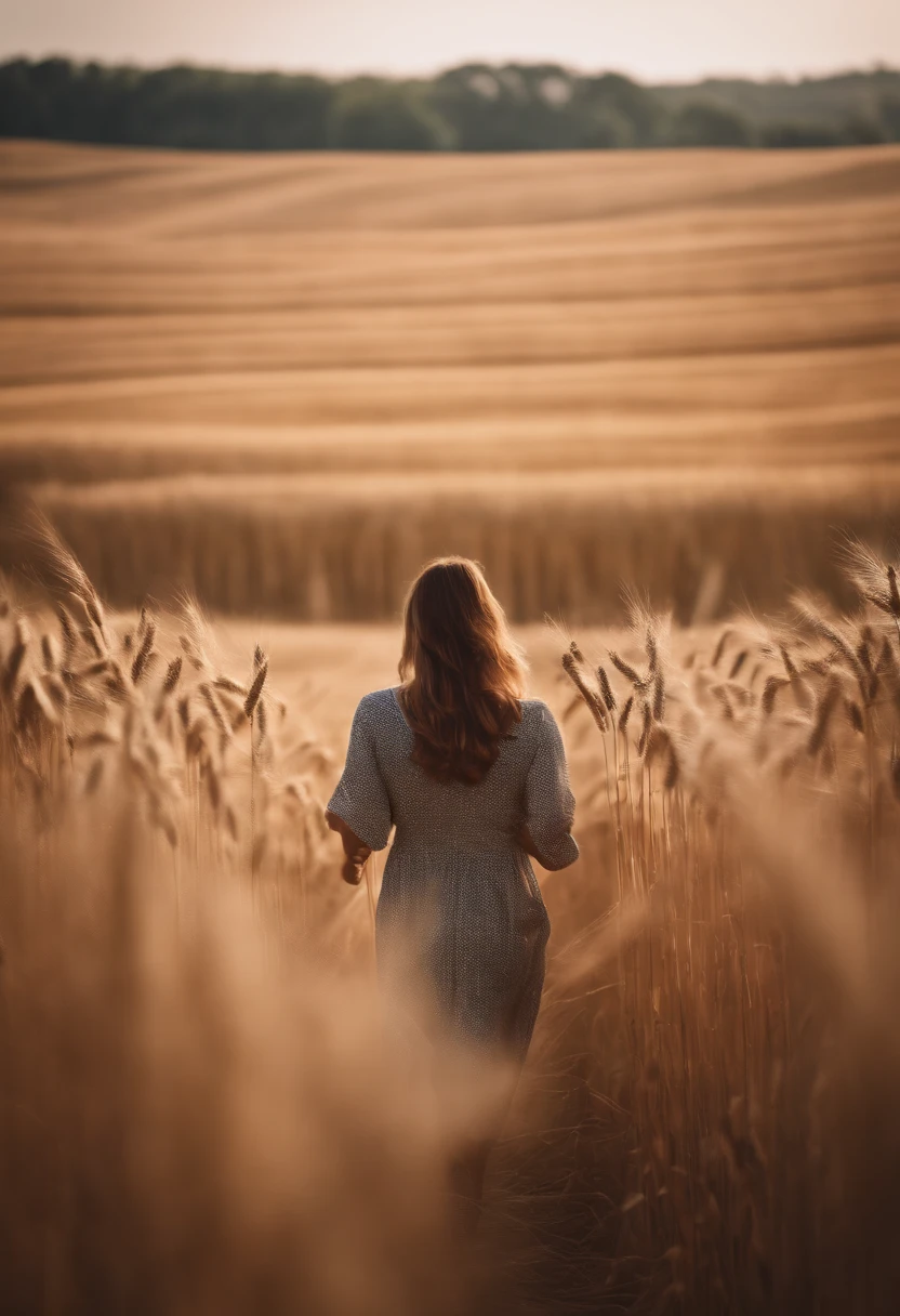 a lifestyle shot of a person walking through a wheat field, surrounded by the tall stalks, capturing the sense of being immersed in the beauty of nature