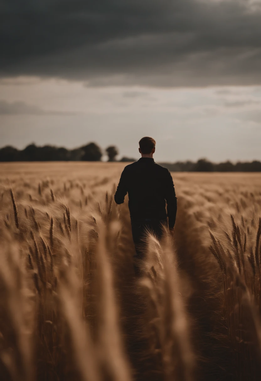 a lifestyle shot of a person walking through a wheat field, surrounded by the tall stalks, capturing the sense of being immersed in the beauty of nature