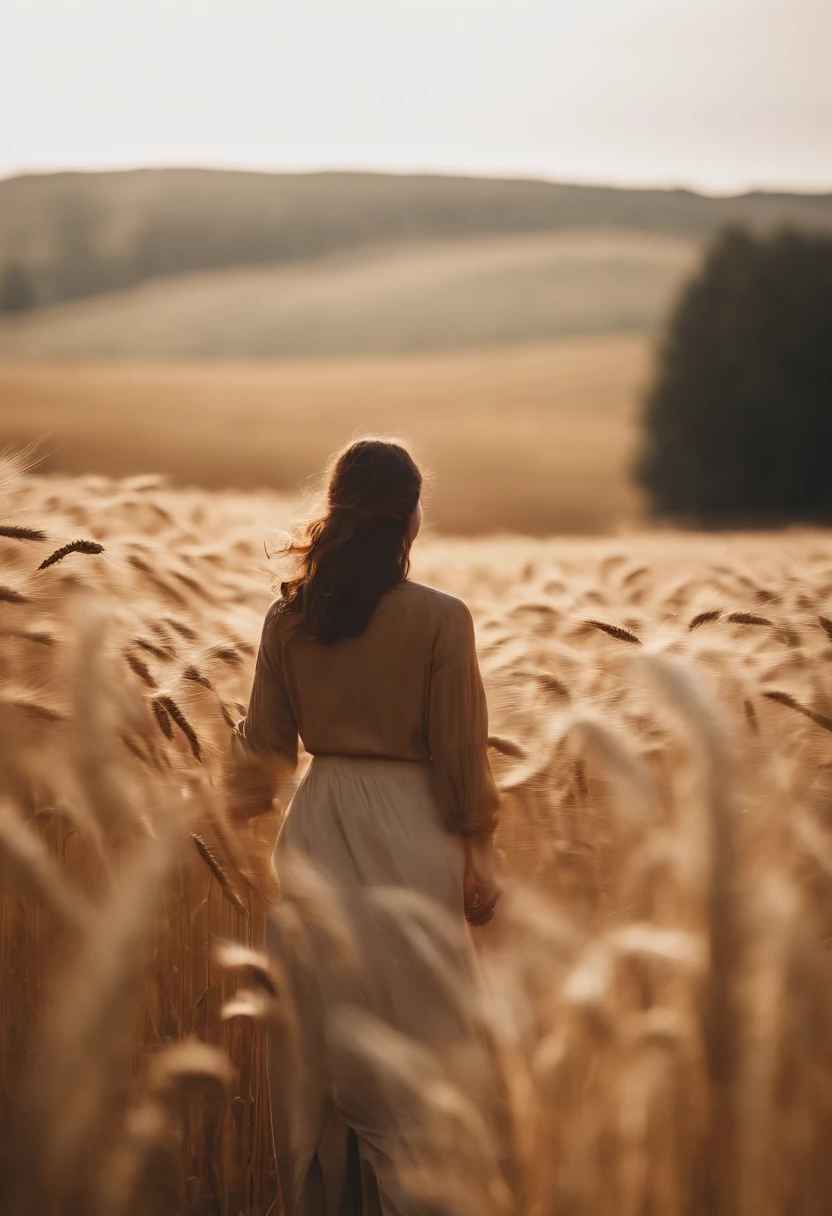 a lifestyle shot of a person walking through a wheat field, surrounded by the tall stalks, capturing the sense of being immersed in the beauty of nature