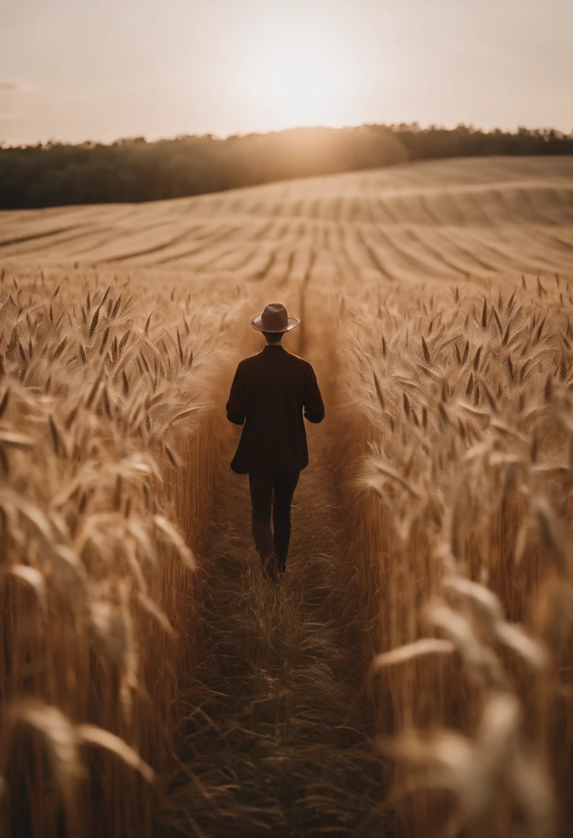 a lifestyle shot of a person walking through a wheat field, surrounded by the tall stalks, capturing the sense of being immersed in the beauty of nature