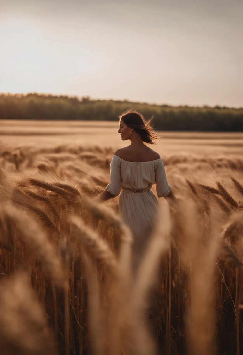 a lifestyle shot of a person walking through a wheat field, surrounded by the tall stalks, capturing the sense of being immersed in the beauty of nature