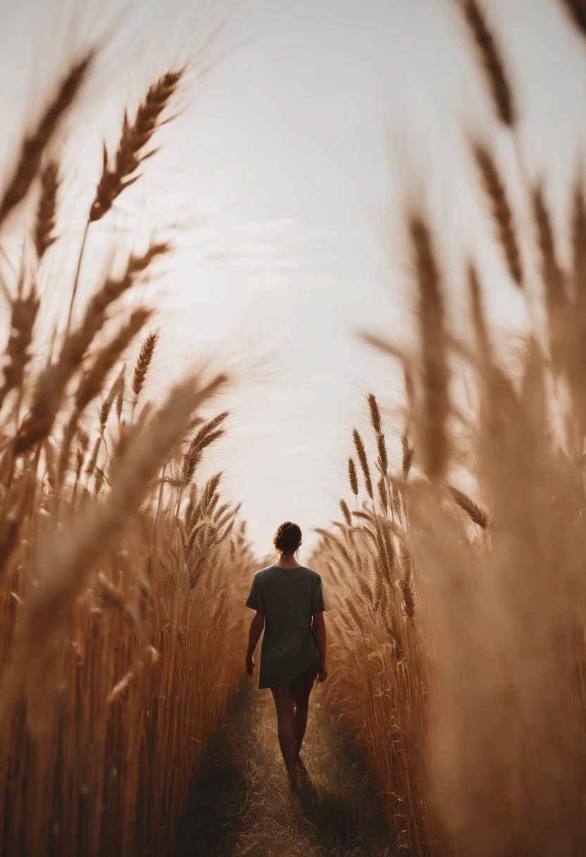 a lifestyle shot of a person walking through a wheat field, surrounded by the tall stalks, capturing the sense of being immersed in the beauty of nature