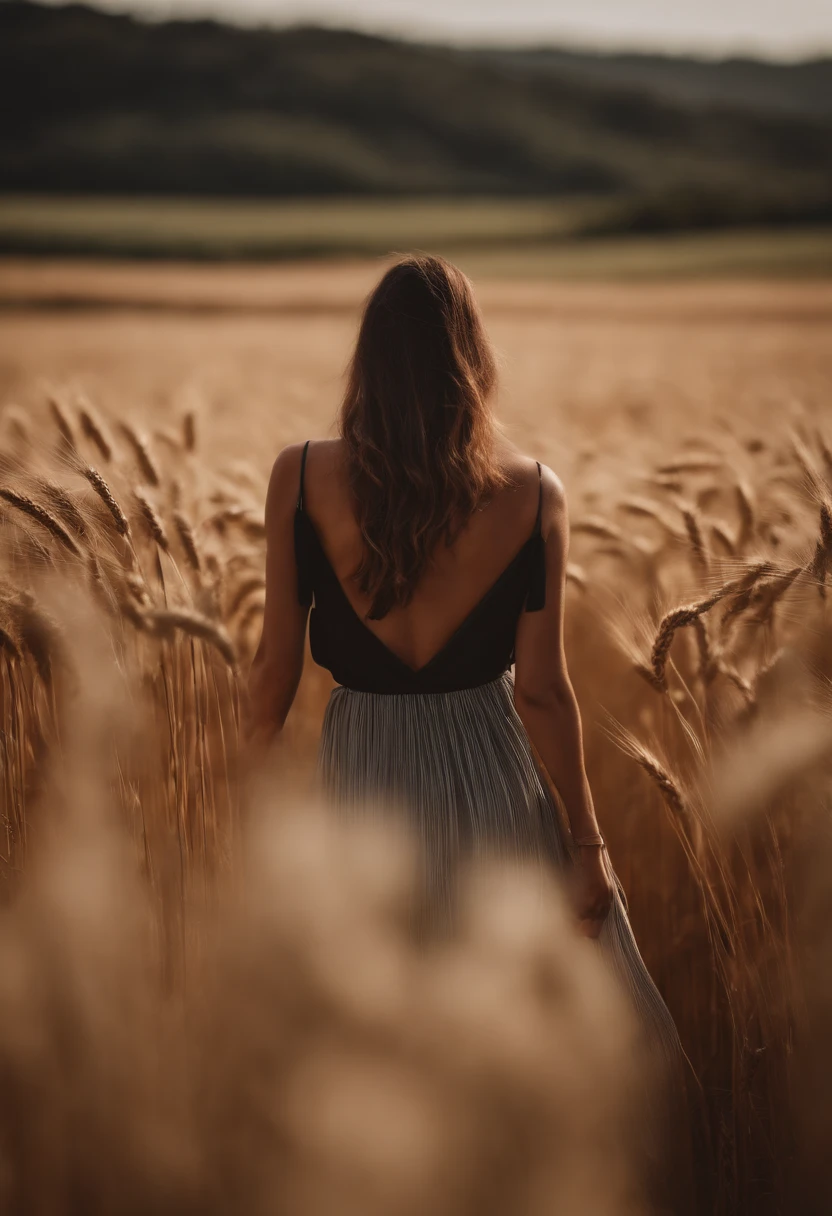 a lifestyle shot of a person walking through a wheat field, surrounded by the tall stalks, capturing the sense of being immersed in the beauty of nature