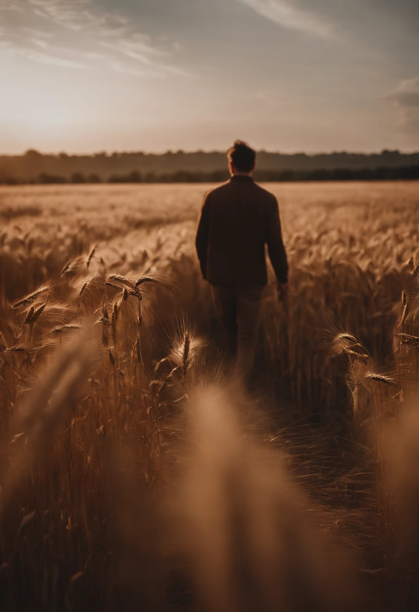 a lifestyle shot of a person walking through a wheat field, surrounded by the tall stalks, capturing the sense of being immersed in the beauty of nature