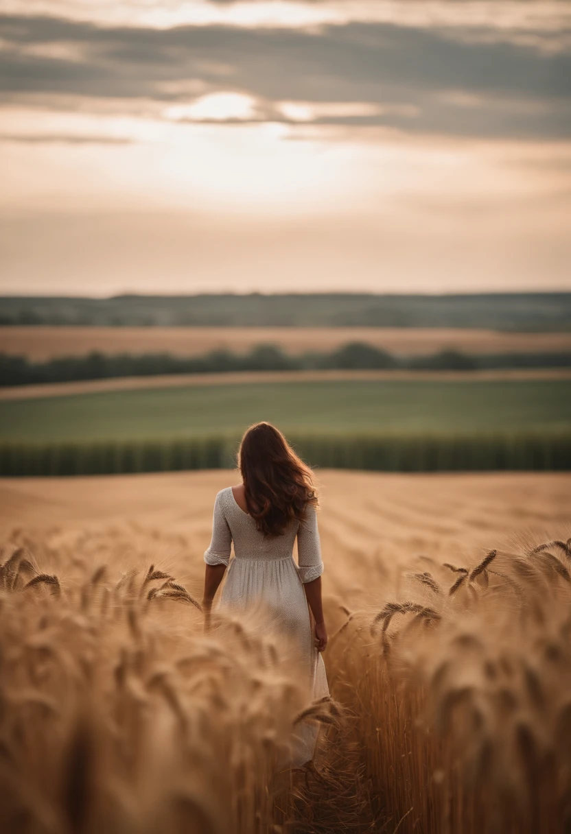 a lifestyle shot of a person walking through a wheat field, surrounded by the tall stalks, capturing the sense of being immersed in the beauty of nature