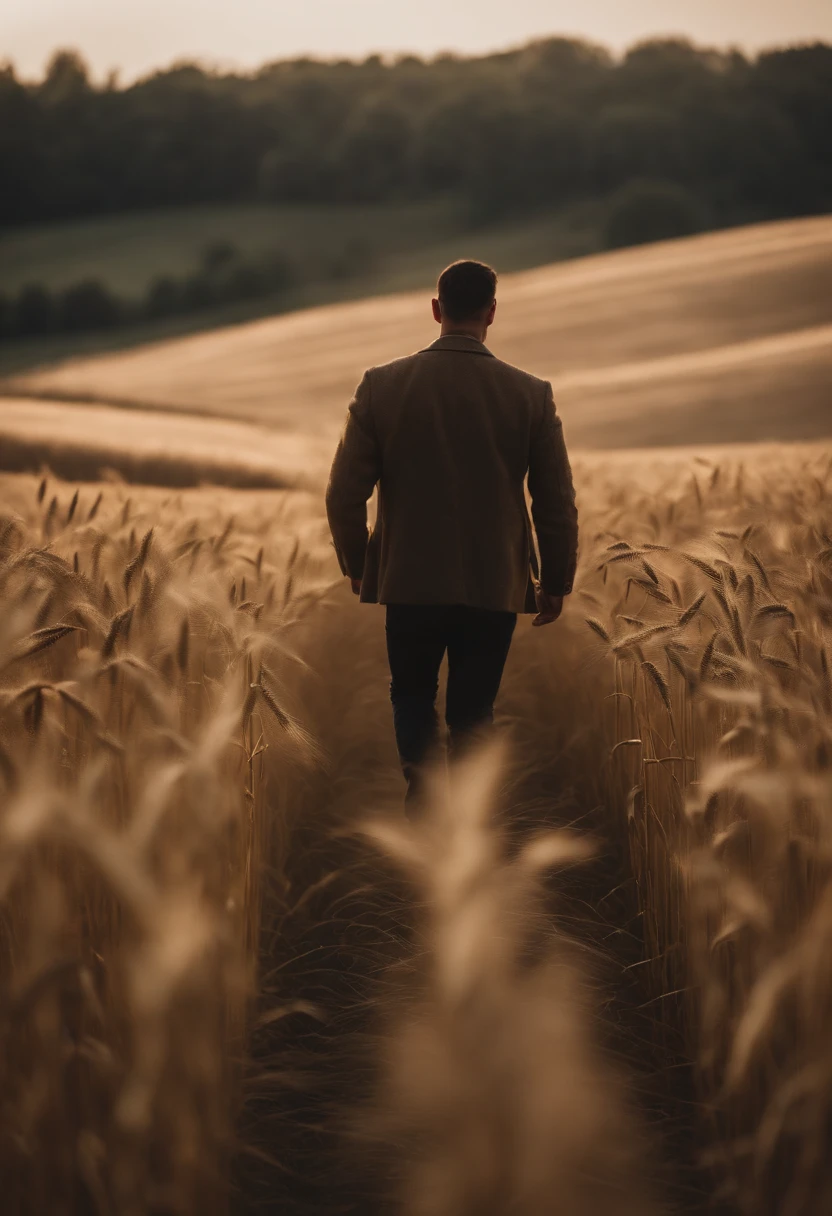 a lifestyle shot of a person walking through a wheat field, surrounded by the tall stalks, capturing the sense of being immersed in the beauty of nature