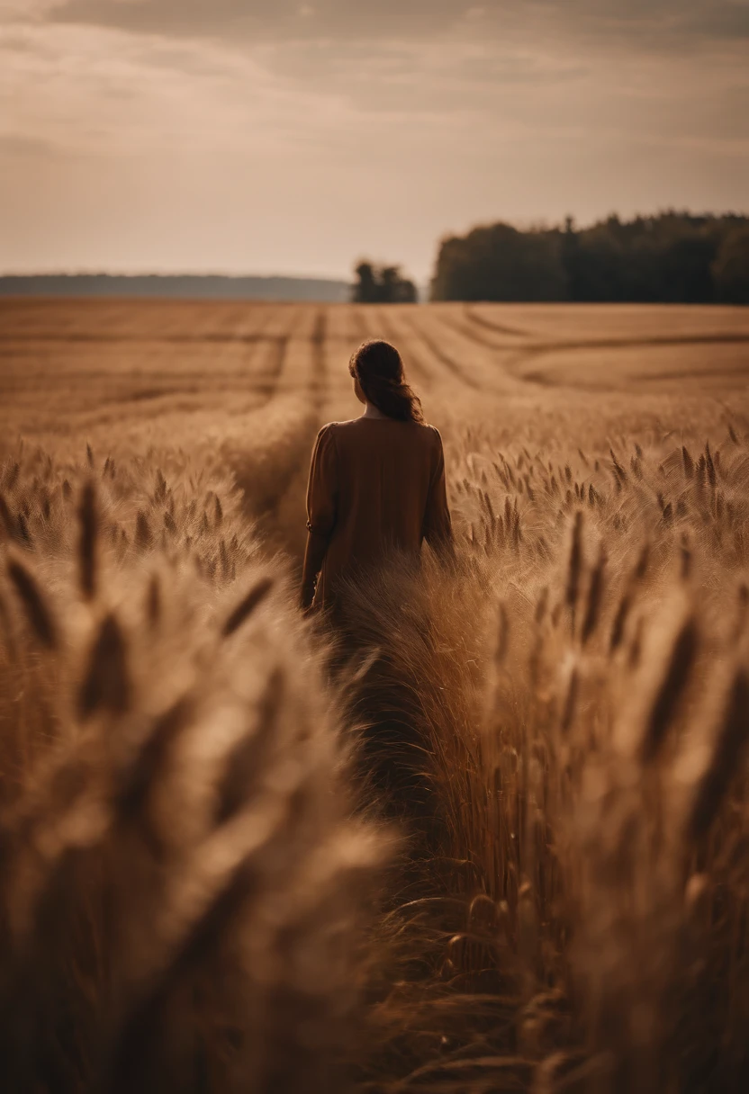 a lifestyle shot of a person walking through a wheat field, surrounded by the tall stalks, capturing the sense of being immersed in the beauty of nature