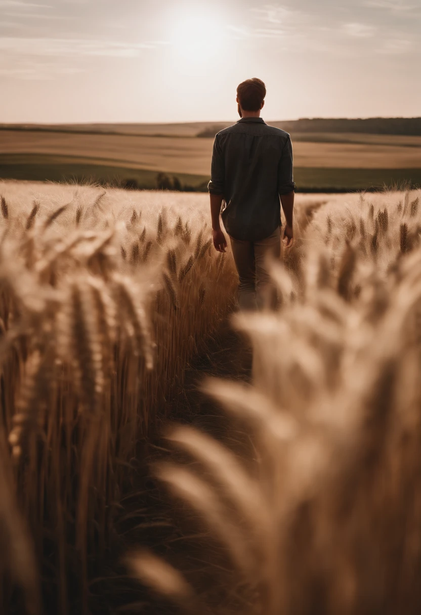 a lifestyle shot of a person walking through a wheat field, surrounded by the tall stalks, capturing the sense of being immersed in the beauty of nature