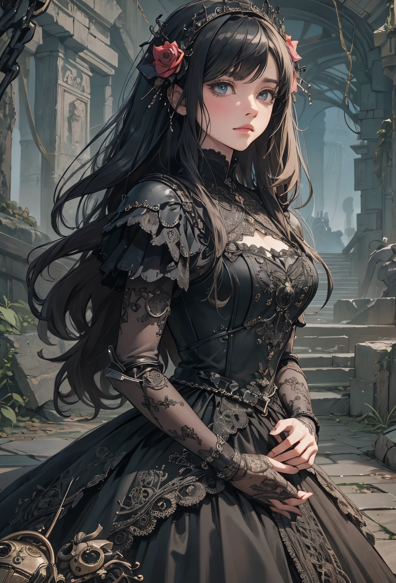 (Detailed illustrations,Very detailed and detailed drawing,Delicate lines with slow and rapid,Realistic texture expression),[Color tressed main line],[Ruins of a super-ancient civilization],[ANIME] (MACHINEAlice Beauty 16 years old) stright long hair [AUTOMATON],([Black Rose] Black dress) (Cyber Alien Armor [Through the material]) [caltrop] chains [Titanium alloy] [[Through the material]],Cybernetic Gothic Lolita,(Intricate and beautiful decoration [Dense detail]),(Fine and beautiful skin expression [Transparency]),[完璧な目のdetaileds (Iris beautifully drawn in every detail)[Jewel-like eyes]],[long and beautiful eyelashes],[Meticulously drawn hair [美しく艷やかな髪のdetaileds]],(完璧な手のdetaileds [Beautiful fingers without breakdowns [Beautiful nails]]),(Perfect ???????(Perfectly proportioned))[[Full body like]],[[Design built to the highest level]][Ideal color coordination(Accurate simulation of light-material interactions)],([Precision Detail](detaileds,high-detail)),[Visual art that conveys a sense of narrative].