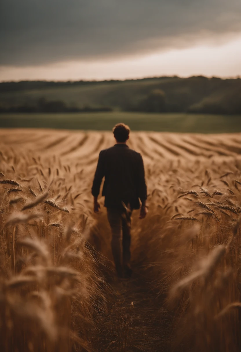 a lifestyle shot of a person walking through a wheat field, surrounded by the tall stalks, capturing the sense of being immersed in the beauty of nature