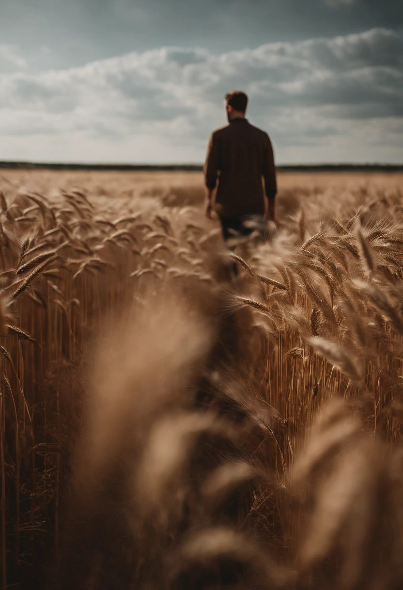 a lifestyle shot of a person walking through a wheat field, surrounded by the tall stalks, capturing the sense of being immersed in the beauty of nature