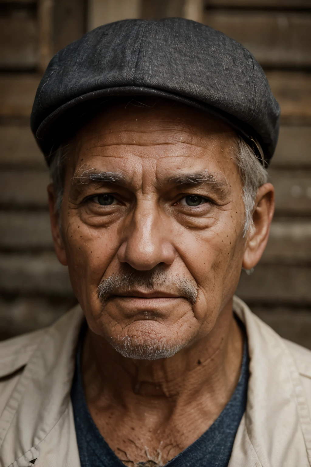 portrait of an old sailor with weathered features. He is wearing a cap