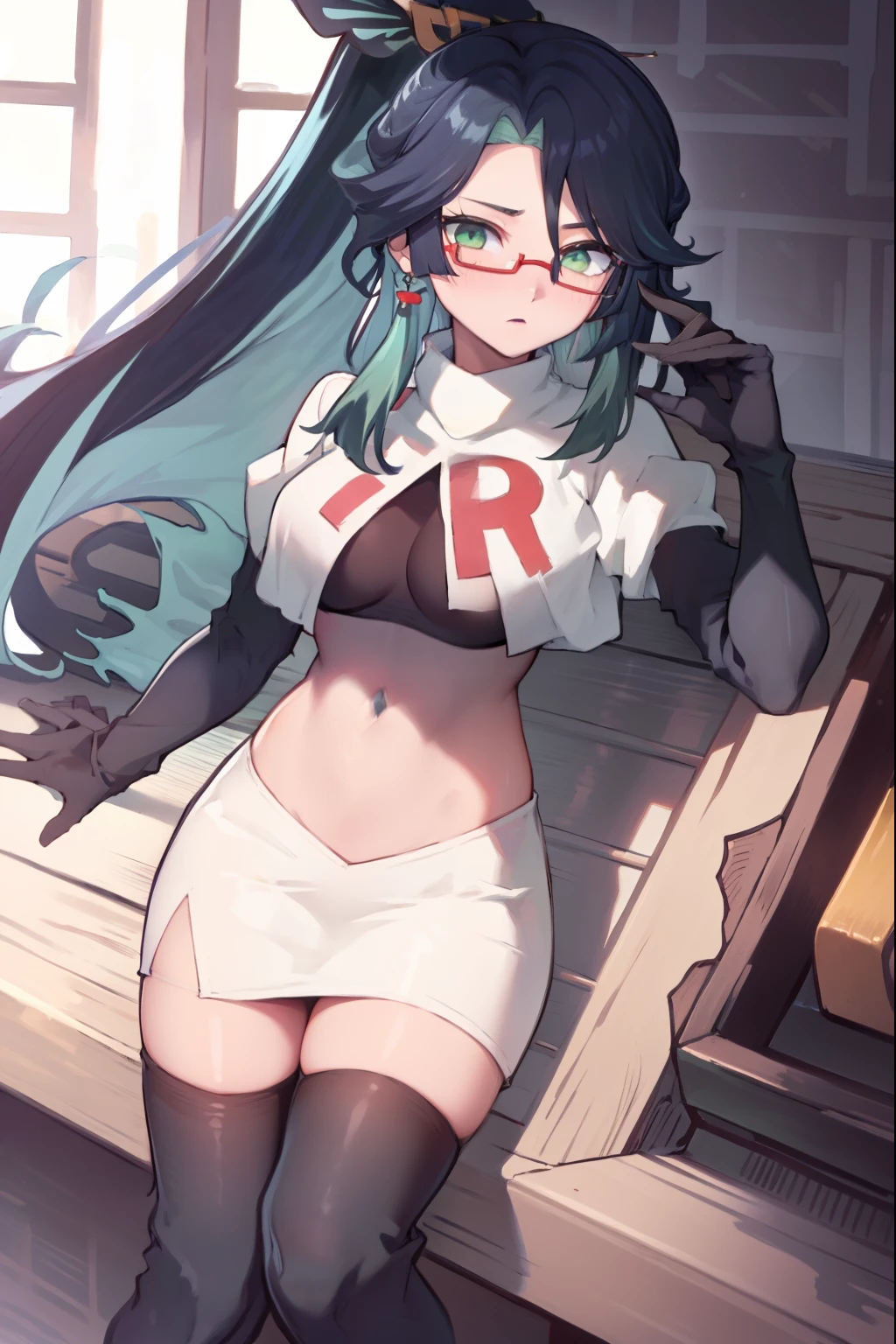 2d, masterpiece, best quality, anime, highly detailed face, perfect lighting, long hair, ponytail, multicolored hair, black hair, bangs, glasses, semi-rimless eyewear, earrings, green hair, hair ornament, jewelry, red-framed eyewear, green eyes, team rocket,team rocket uniform,white skirt,red letter R,crop top,black thigh-high boots,black elbow gloves, embarrassed, blush