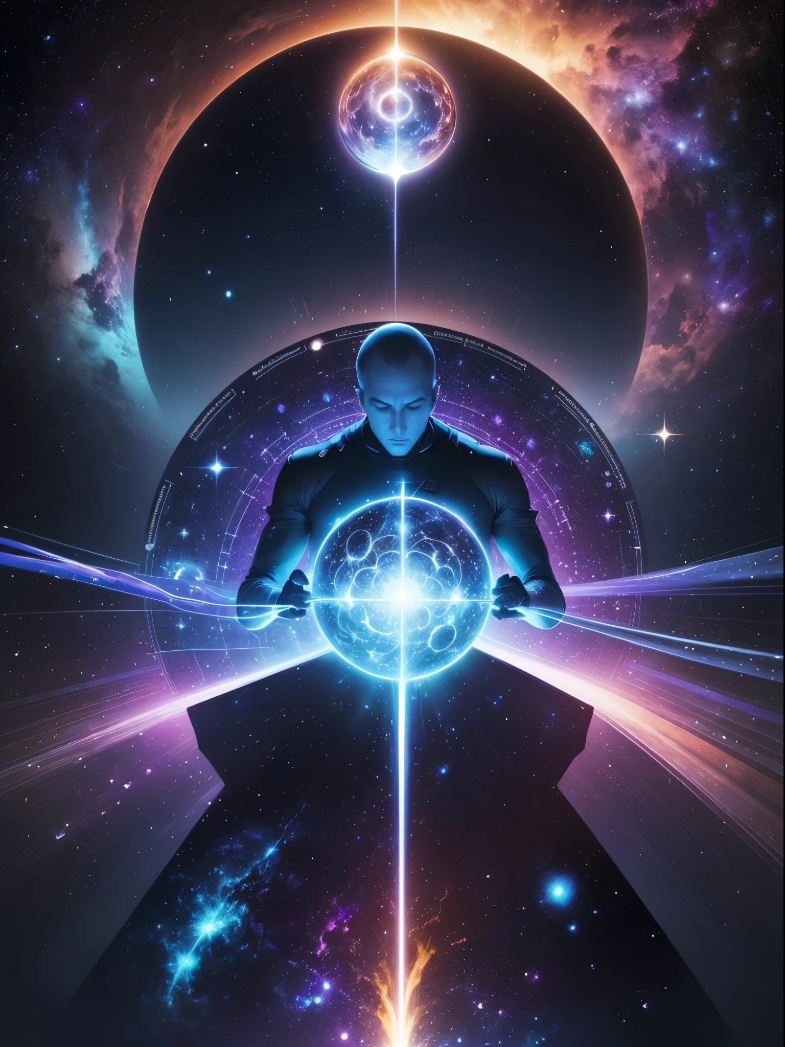 Astronir's legendary chart, the Awakened Cosmos, is a magnificent and imposing representation of cosmic power. The illustration depicts Astronir in all his divine glory, highlighting his heavenly aura and majesty.   The card is predominantly in shades of deep blue and cosmic violet, with subtle shades of silver and gold scattered throughout the illustration. These colors evoke the mysterious vastness of the cosmos and the radiant aura of the god.   The card has a special, holographic glow, where the stars and nebulae depicted seem to come to life. As the card moves, small dots of light flicker and move throughout the illustration, giving the feeling of a starry sky in constant motion.   The illustration is detailed and lush, with fluid and elegant lines. Astronir is at the center of the chart, floating on a background of starry deep space. His bearing is imposing, with open arms, emanating cosmic energy in all directions. It is surrounded by bright stars, radiant constellations and spiral nebulous clouds that stretch throughout the illustration, creating a sense of depth and mystery.