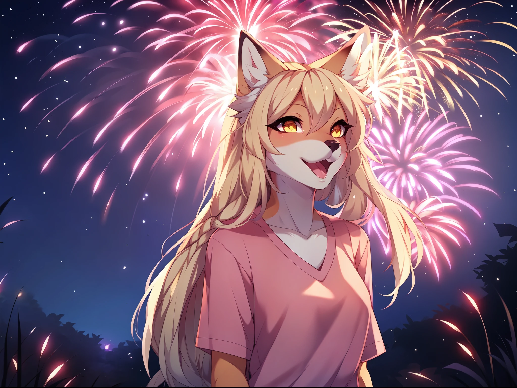 score_9,score_8_up,score_7_up, source_furry, source_cartoon, kat, cute young cartoon feline girl, blue eyes, :3, long blonde hair, pink nose, blue eyes, white whiskers, silver fur with grey stripes, naked, breasts, nipples, fully naked, pov, pov sex, cowgirl position sex, human viewer, she is straddling viewer, viewer is grabbing her thighs, in a grassy field, many fireworks in the sky, nighttime, she is blushing, loving expression, (smiling:2)
