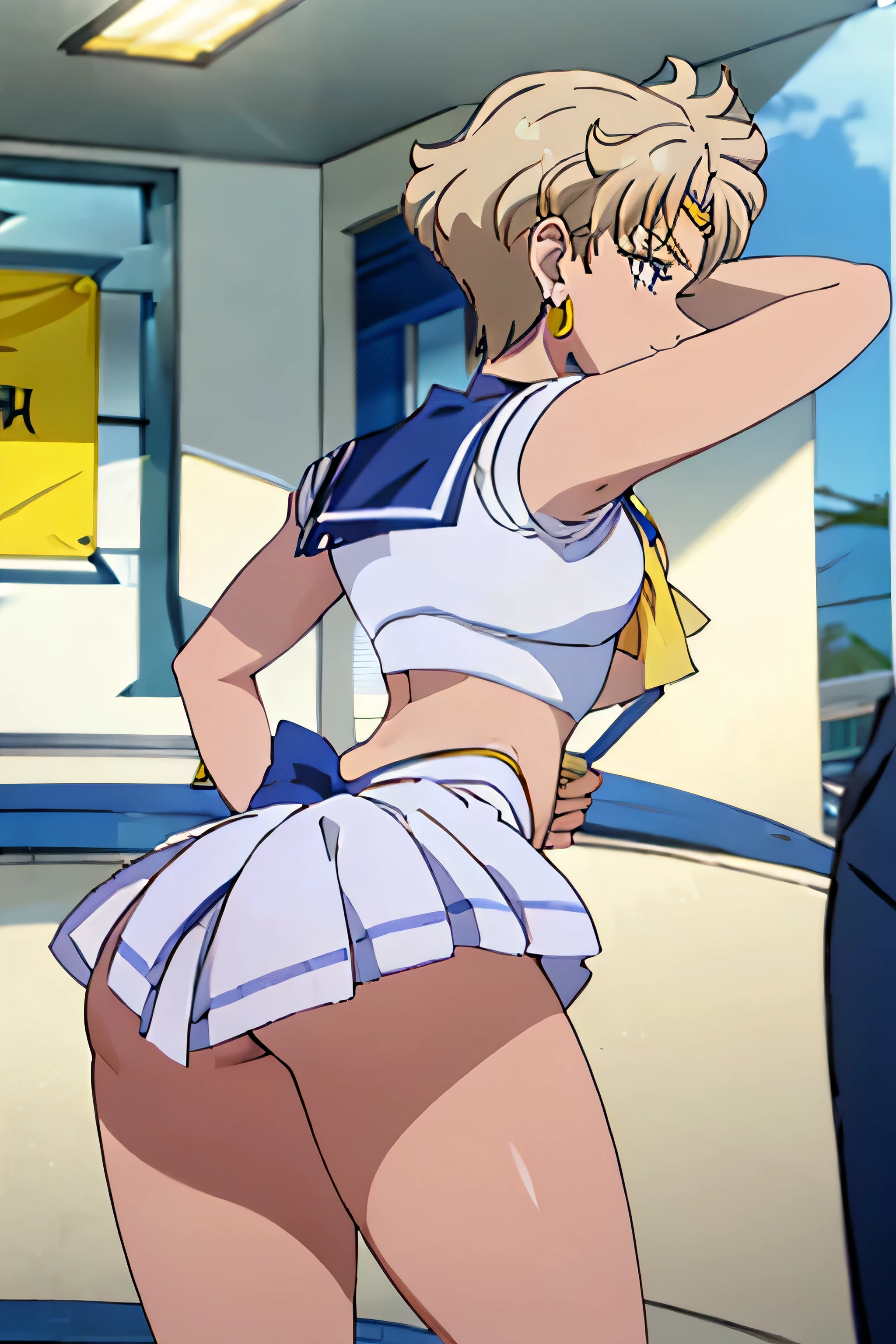 (La mejor calidad:1.1), (Obra maestra:1.4), (absurdos:1.0), retrato, primer plano,1girl, Marinero Urano, KizukiAi, Mujer madura, small breasts, aqua eyes, cabello rubio, Uniforme Sailor Senshi, Collar de marinero, arco de pecho, Arco trasero, Falda suplicante, Guantes blancos de codo, big booty, Ultra minifalda , jewely, Pendientes,, en postura de espalda, Show off your loot, Backwards, no thong big booty, Ultra minifalda ( Postura de la espalda, Backwards, Show off your loot) (Postura de la espalda) Booty close up