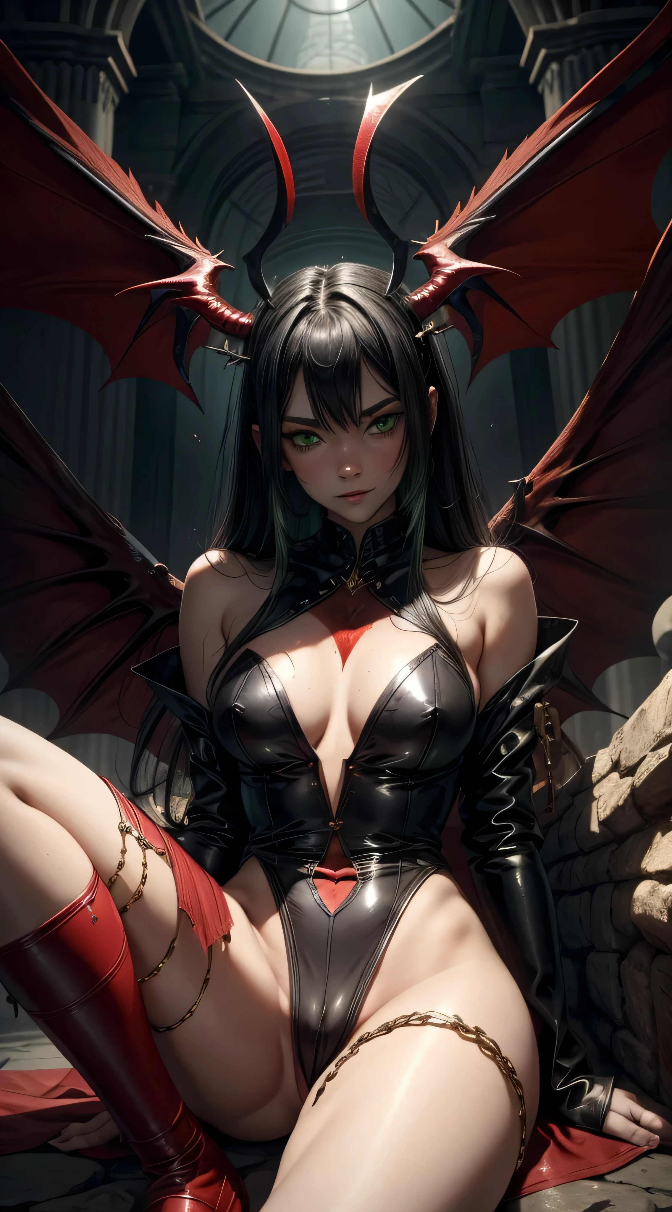 1Red succubus with wings, der auf mir sitzt, geschwollener Kamelzeh, naked torso, schwarzes Haar, green eyes