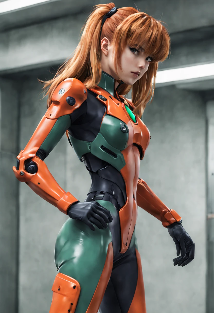 Asuka Langley of Neon Genesis Evangelion character wearing mechanical Jumpsuit. full body frame, Anime girl, detail mascara, celebrity makeup, rear view, digital art, beautiful look, detailed hair, detailed face, ultra focus, 8k resolution, watercolor, dynamic pose, hyperrealism art of detailed character, 4k resolution blade runner 2049