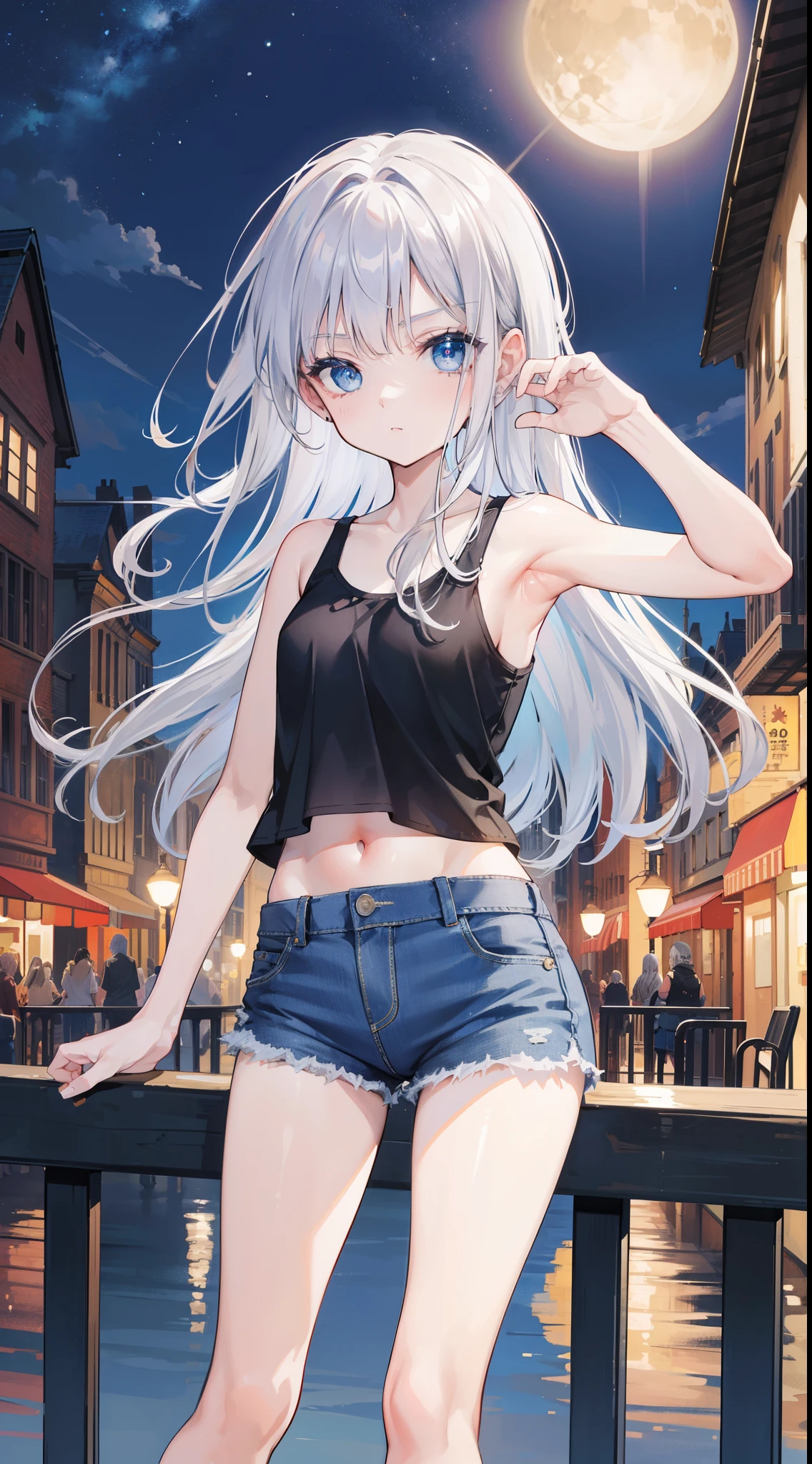 32k, best quality, ultra-detailed, high resolution, perfect anatomy, head on, beautiful town background, night, cute l, beautiful blue eyes, ideal ratio body proportions, Tank top, jeans shorts, silver hair, long hair,