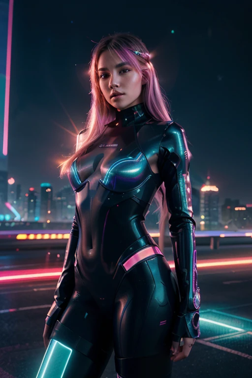 Cyberpunk cityscape、Dressed in futuristic clothing、A beautiful woman with long pink hair and E cup breasts is looking at me like a model.。